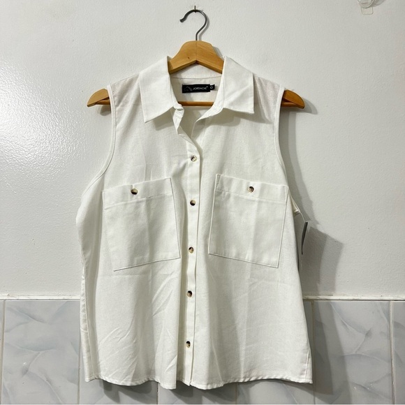 Jordache Tops - Jordache White Medium Linen Blend Sleeveless Button Down Minimalist Casual Top